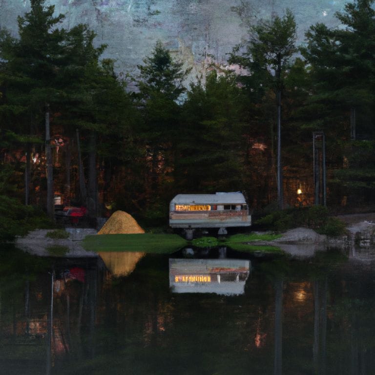 An image showcasing a serene lakeside campsite nestled amidst towering pine trees, as a vintage RV sits cozily by the water's edge, surrounded by flickering campfires and a star-filled night sky
